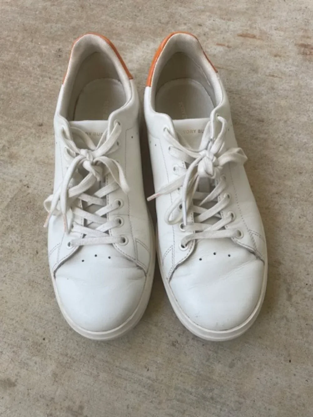 Tory Burch Women's Howell Court Leather Sneakers, White Orange, Size 9